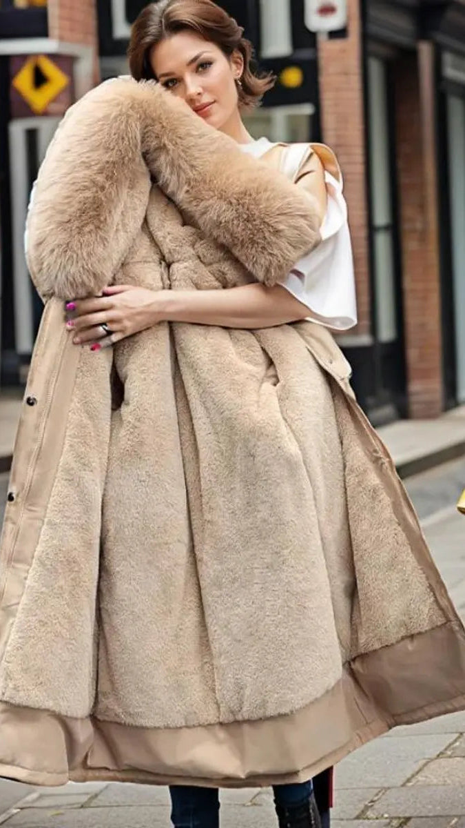 Women's Jacket Waterproof Hooded Faux Fur Trim Insulated Winter Parka - Beige