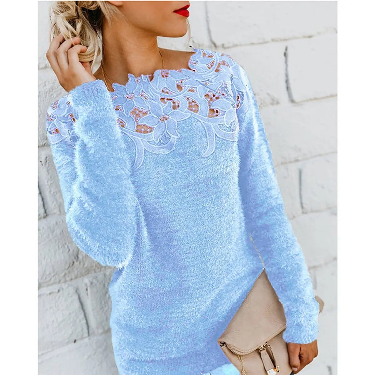 Womens Jumper Fluffy Lace Floral Neckline Long Sleeve Knit Top - Blue