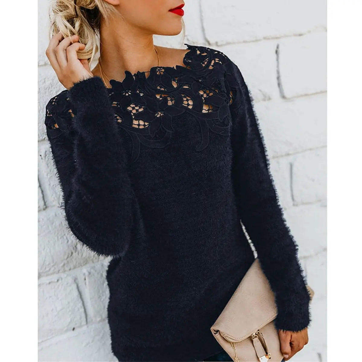 Womens Jumper Fluffy Lace Floral Neckline Long Sleeve Knit Top - Black