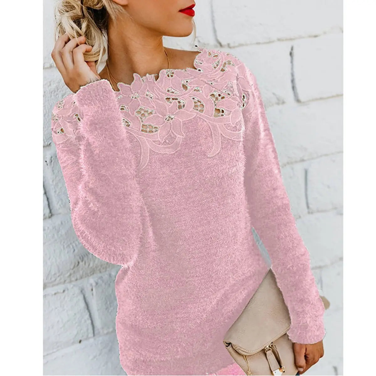 Womens Jumper Fluffy Lace Floral Neckline Long Sleeve Knit Top - Pink