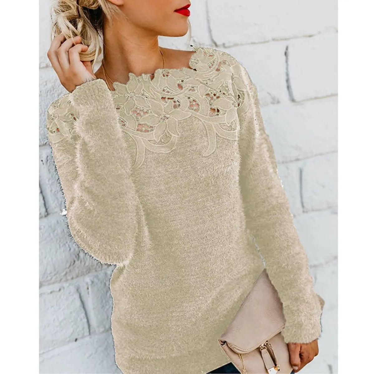 Womens Jumper Fluffy Lace Floral Neckline Long Sleeve Knit Top - Beige