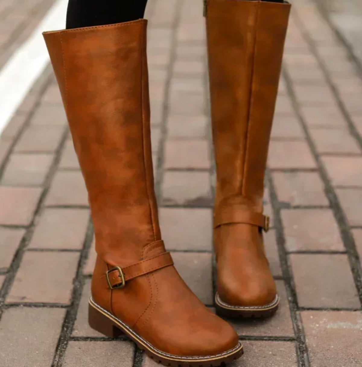 Women's Knee-High Block-Heel Buckle Riding Boots
