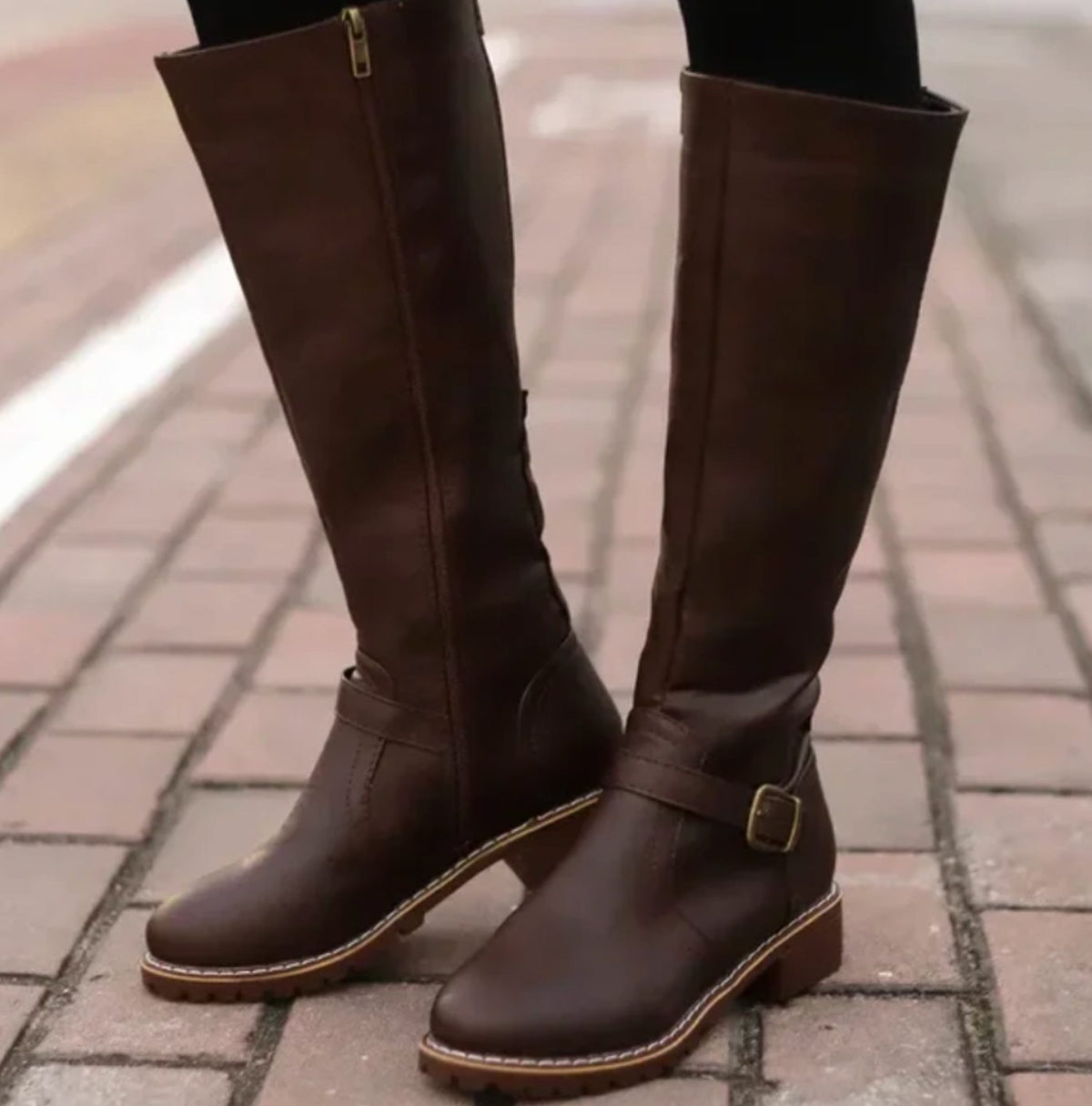 Women's Knee-High Block-Heel Buckle Riding Boots