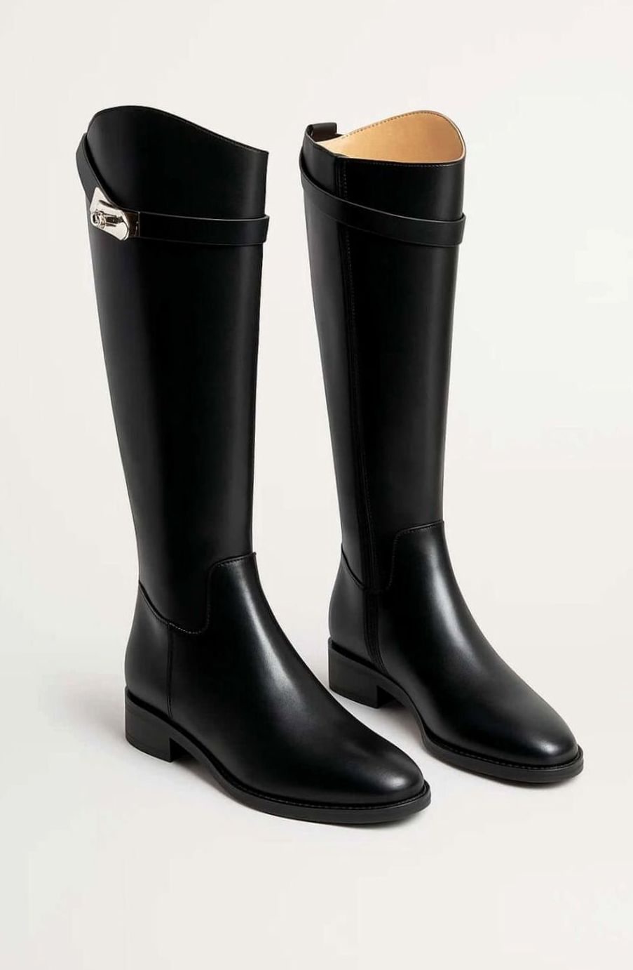 Women's Knee-High Leather Buckle-Detail Riding Boots - Black