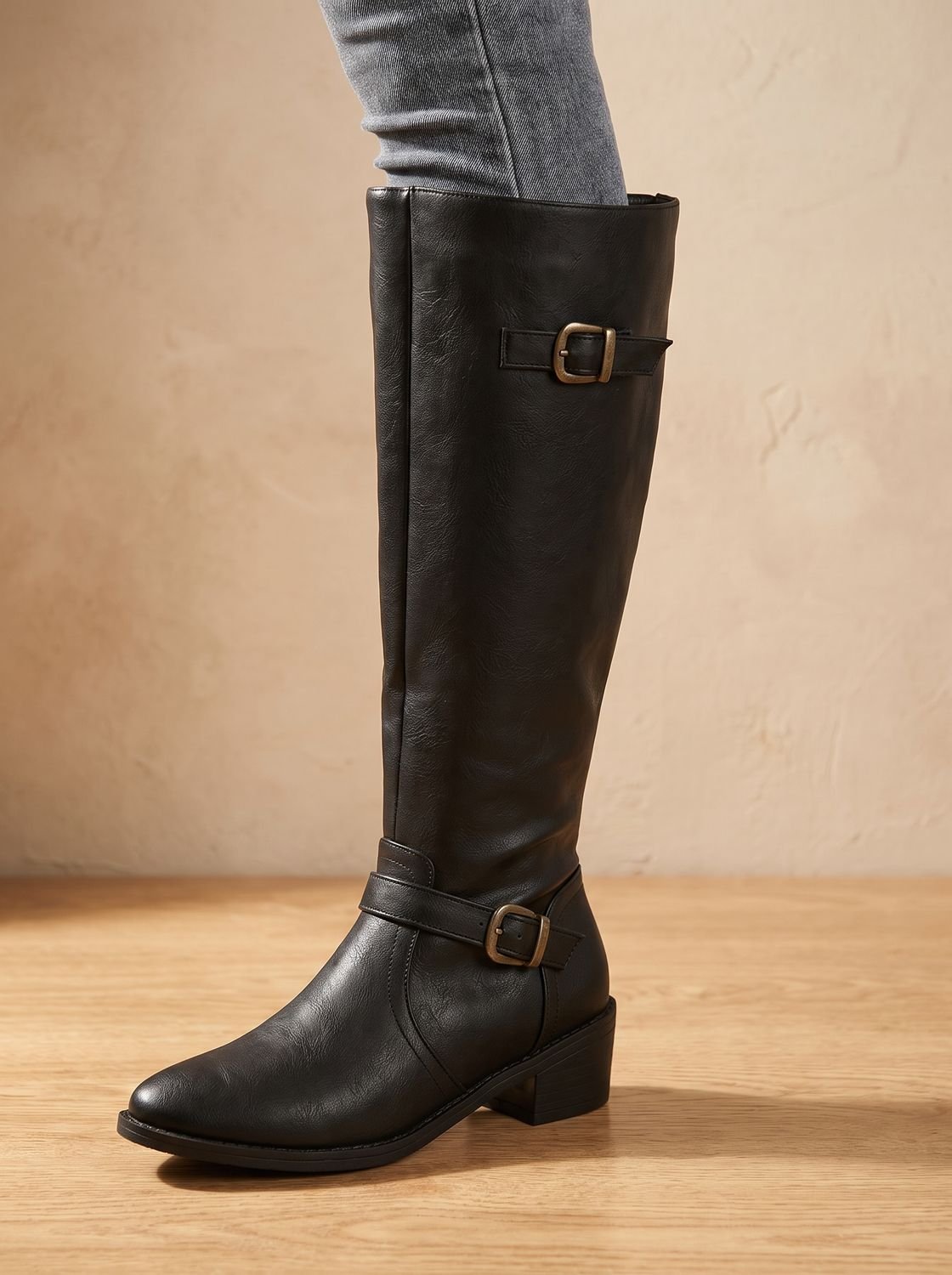 Women's Knee-High Riding Boots Block Heel Buckle Side Zip - Black