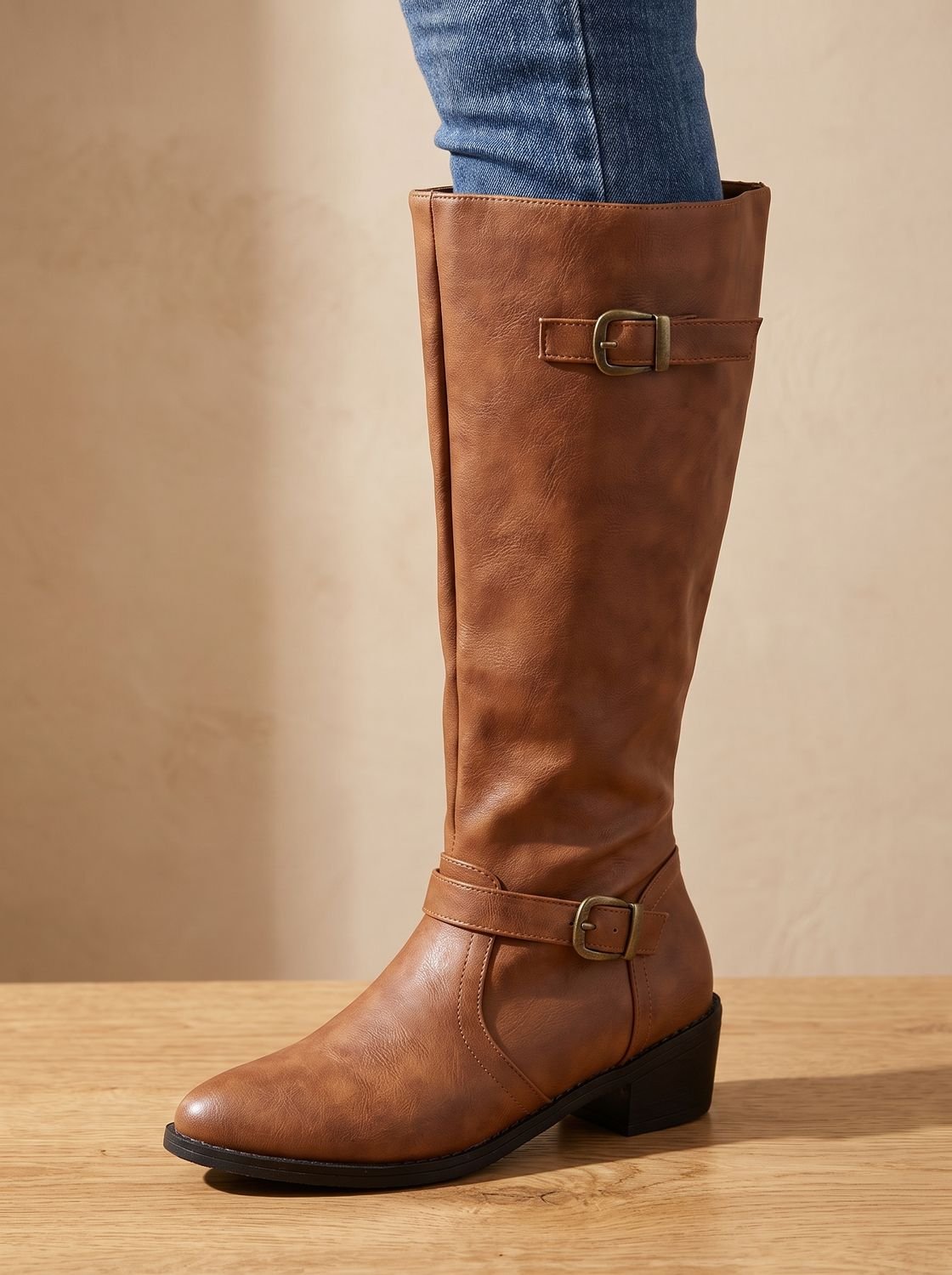 Women's Knee-High Riding Boots Block Heel Buckle Side Zip - Light Brown