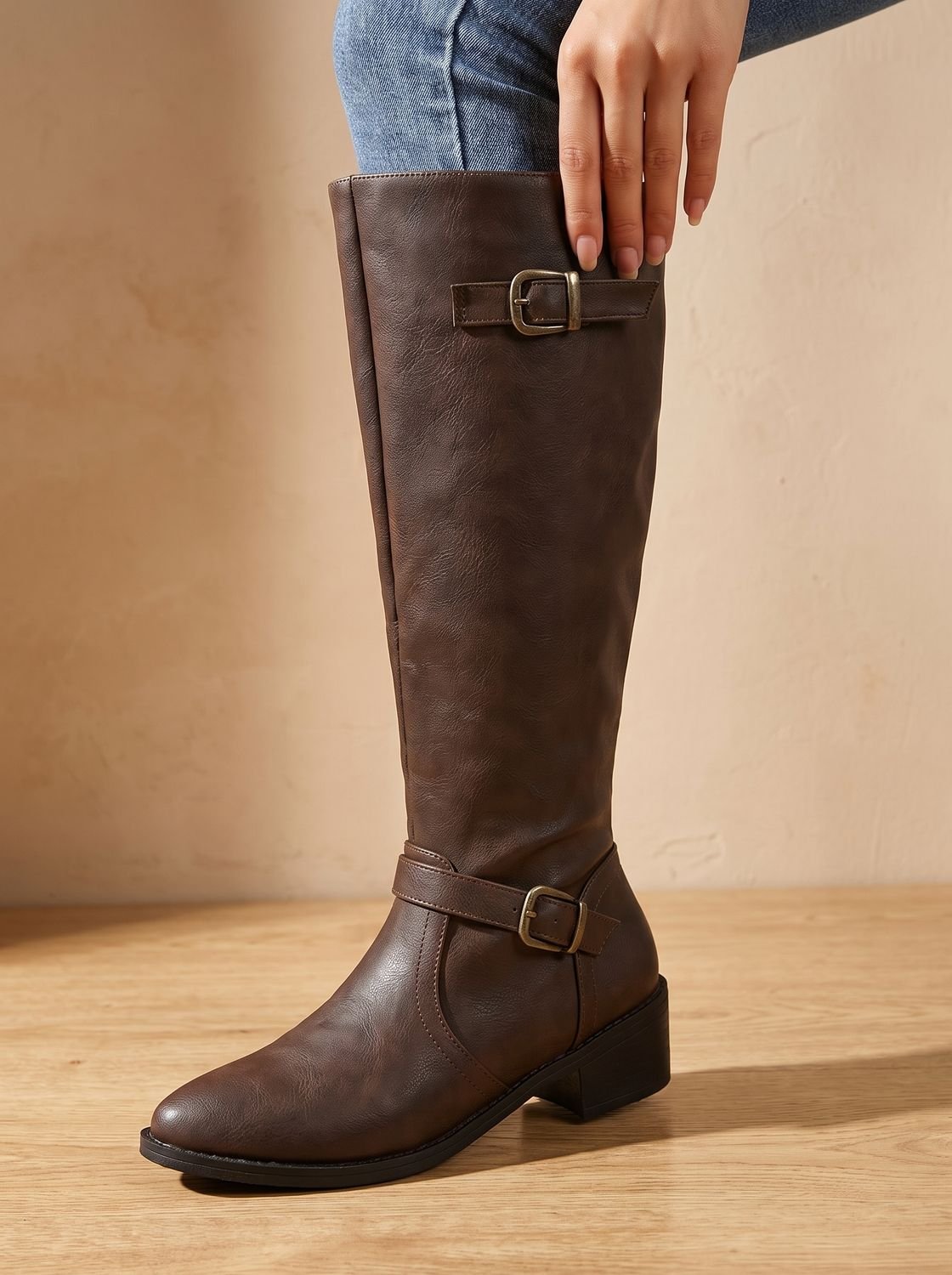 Women's Knee-High Riding Boots Block Heel Buckle Side Zip - Dark Brown