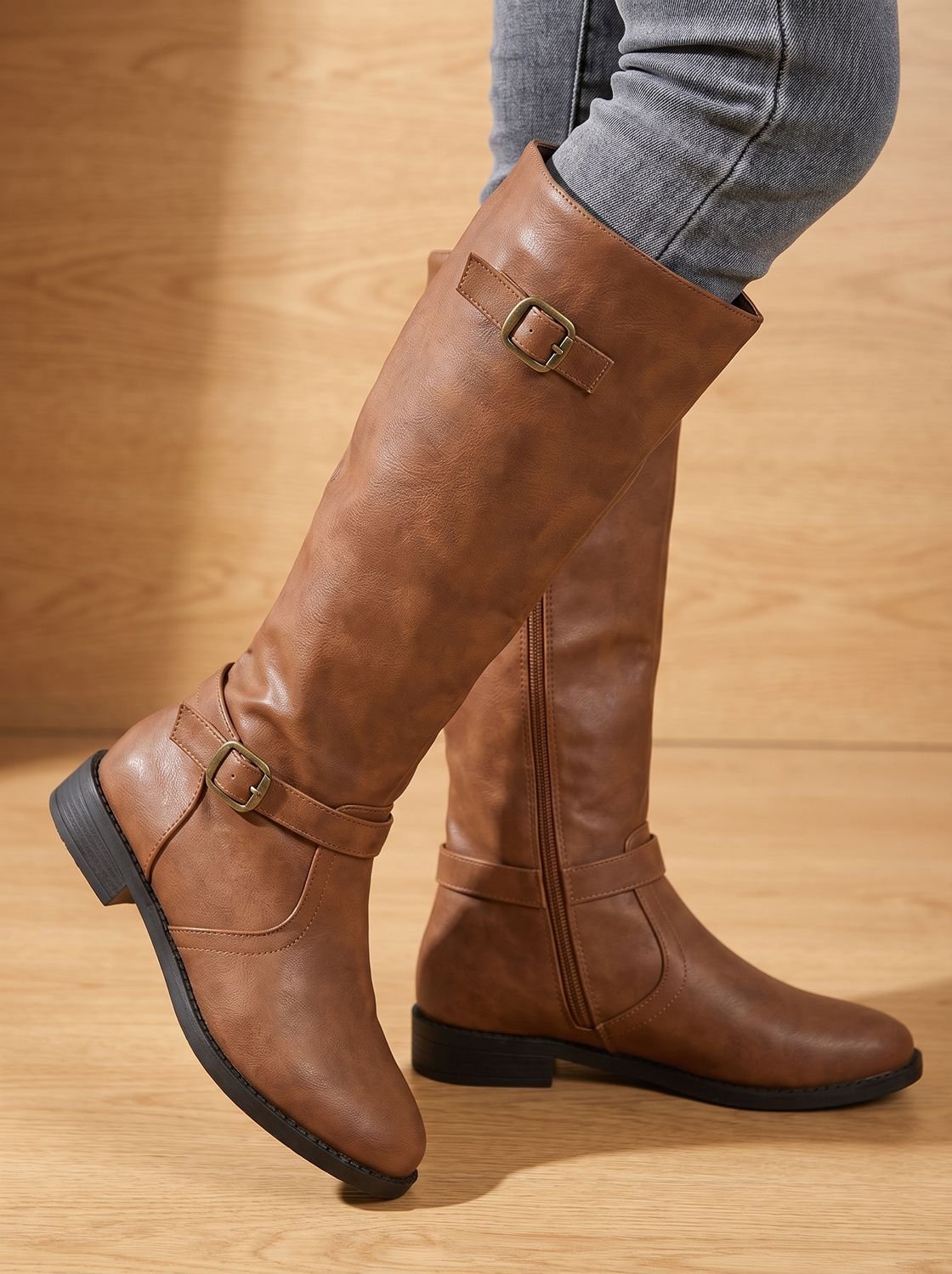 Women's Knee-High Riding Boots Block Heel Buckle Side Zip