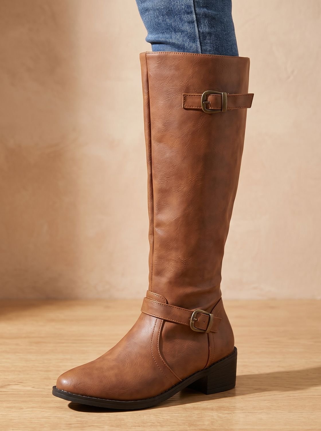 Women's Knee-High Riding Boots Block Heel Buckle Side Zip