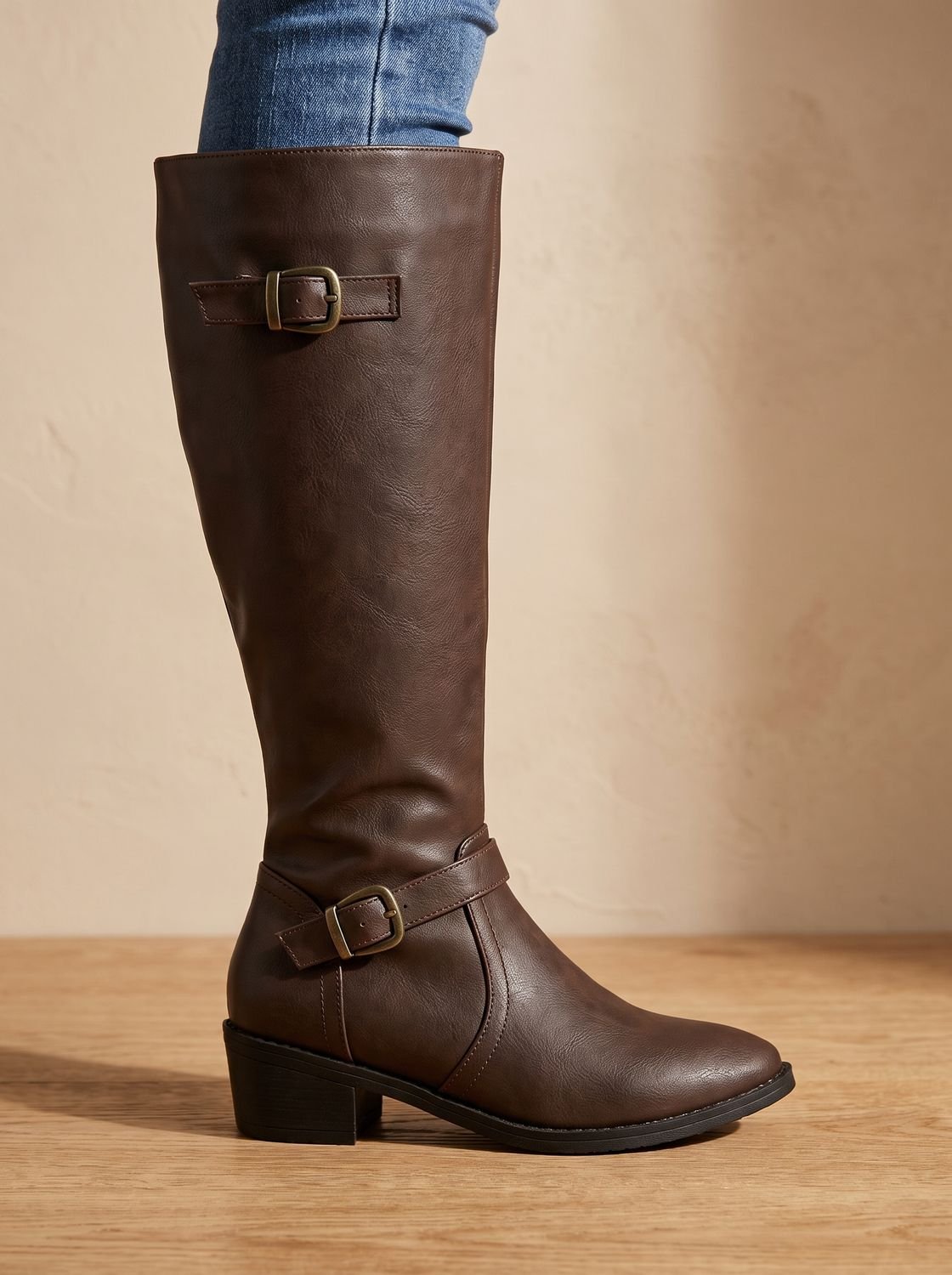 Women's Knee-High Riding Boots Block Heel Buckle Side Zip