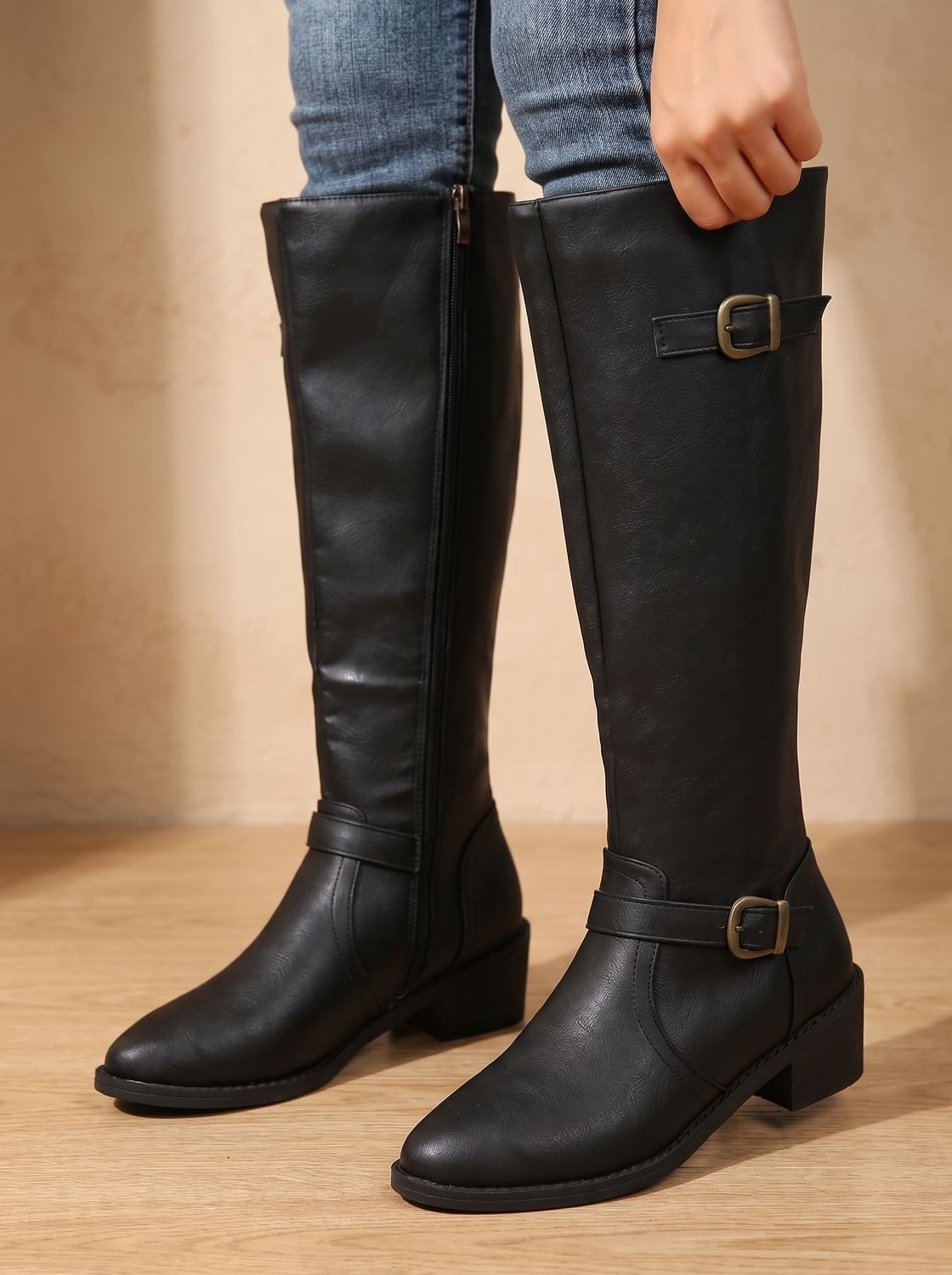Women's Knee-High Riding Boots Block Heel Buckle Side Zip