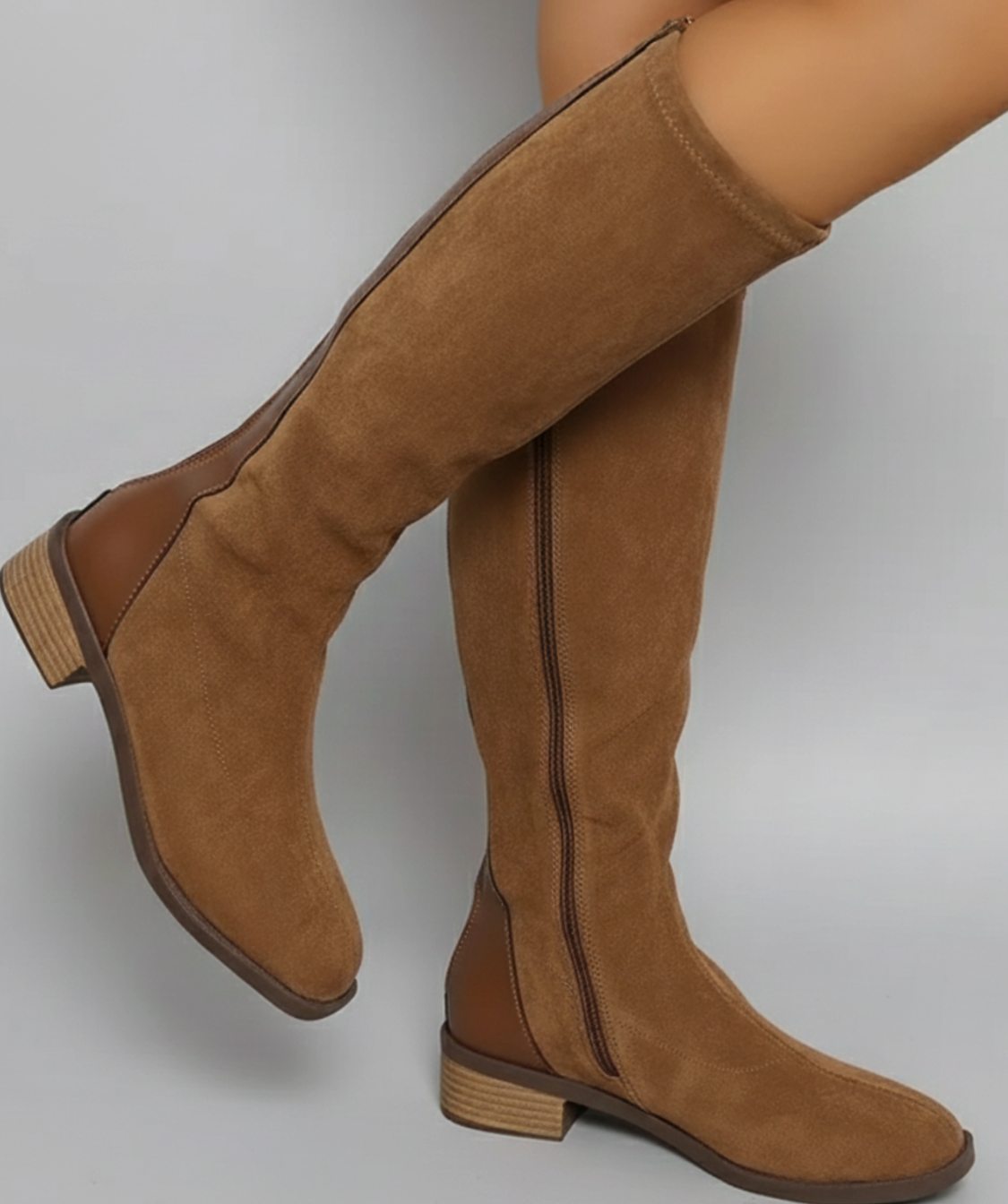 Women's Knee-High Suede Look Block Heel Boots - Light Brown