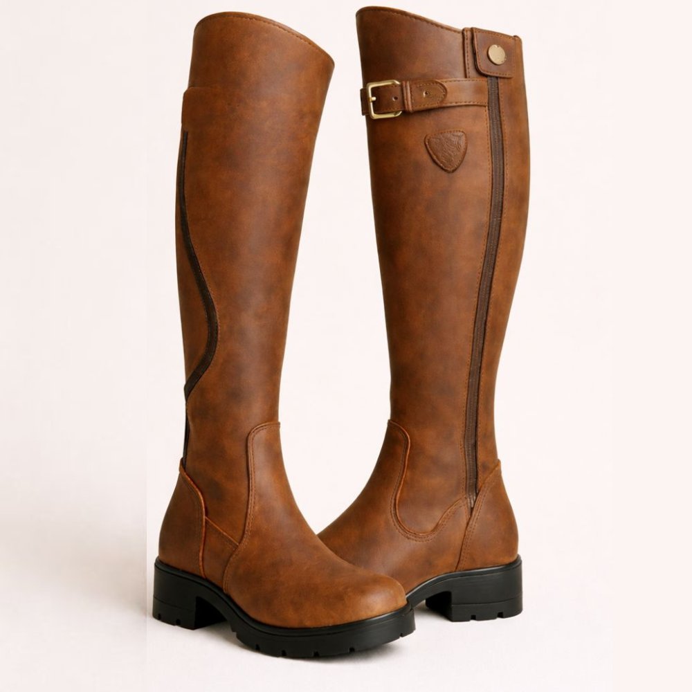 Women's Knee High Waterproof Boots Brown Leather Side Zip - Brown