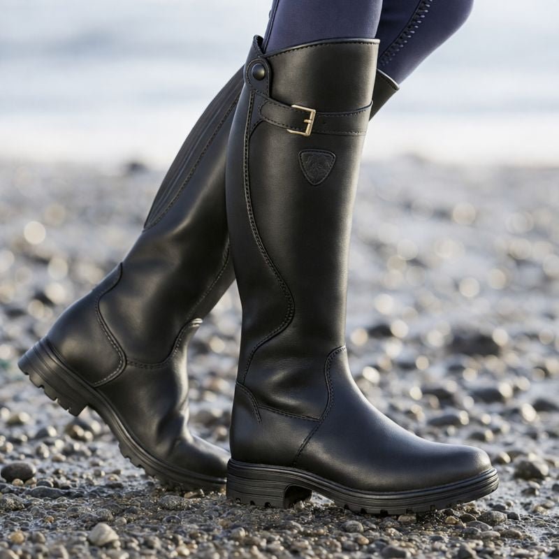 Women's Knee High Waterproof Boots Brown Leather Side Zip - Black