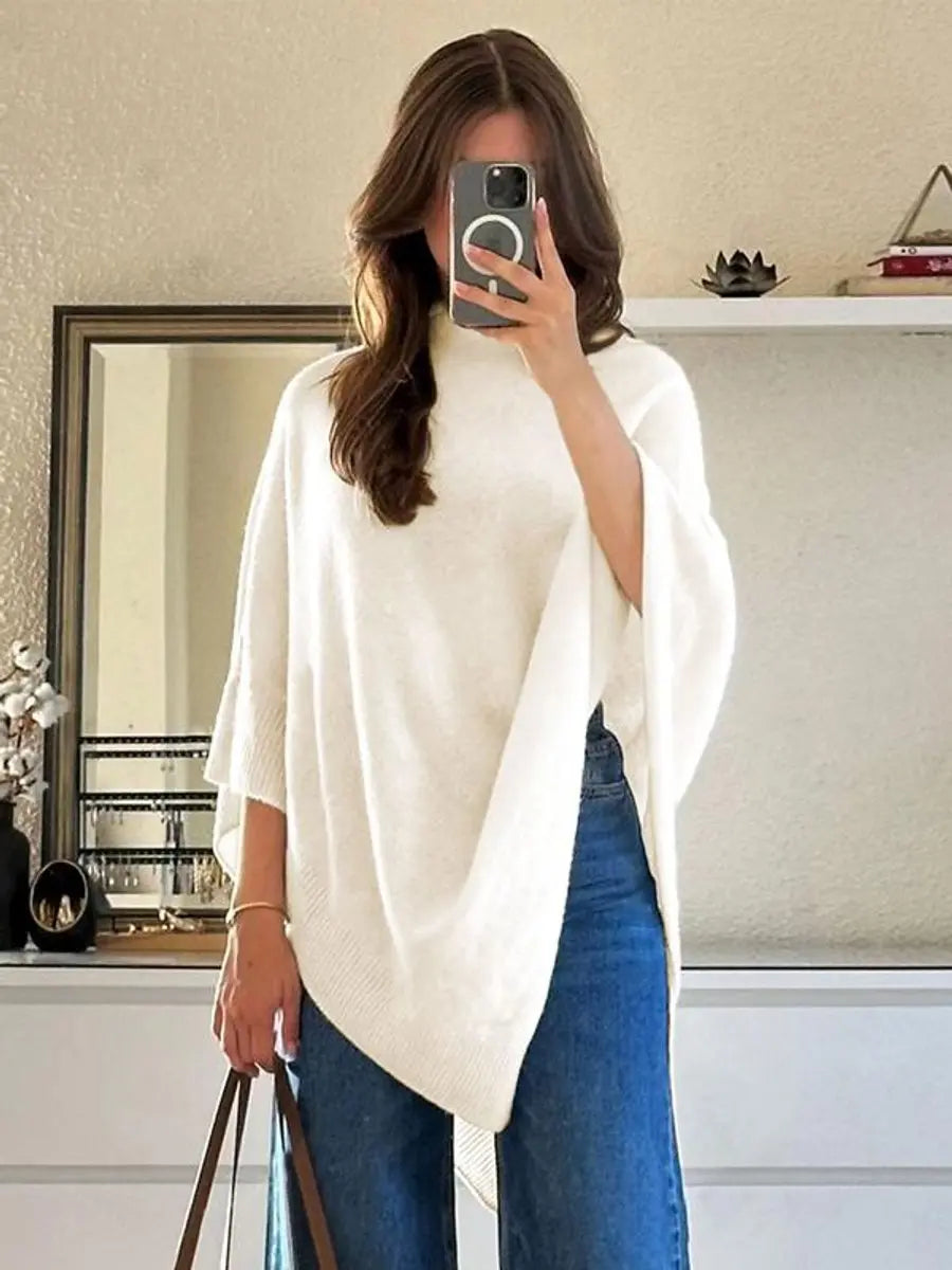 Women's Knit Cape Coat Asymmetric Hem Draped Poncho - Ivory