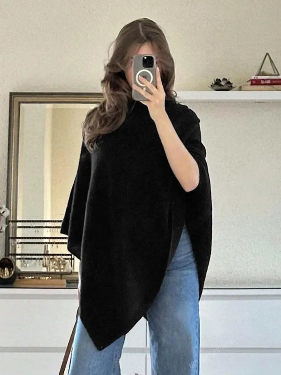 Women's Knit Cape Coat Asymmetric Hem Draped Poncho - Black