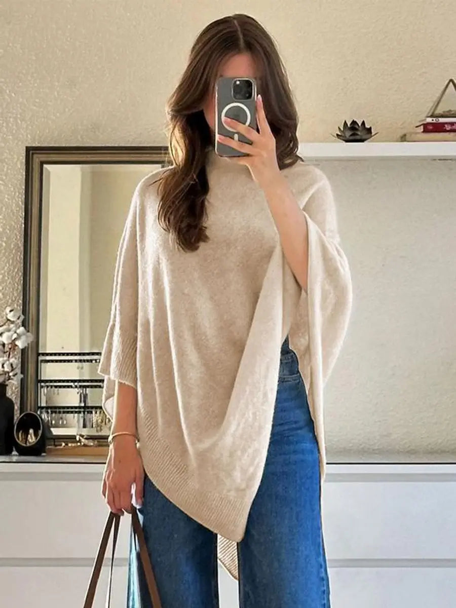 Women's Knit Cape Coat Asymmetric Hem Draped Poncho - Beige