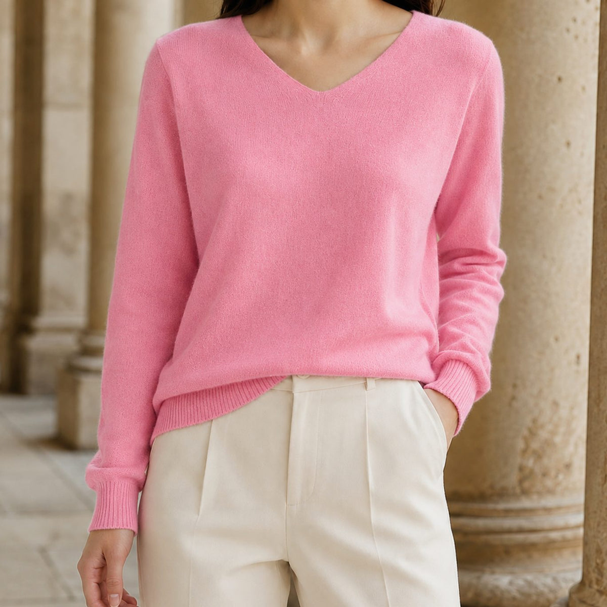 Women's Knitwear Fine Wool V-Neck Relaxed Pullover Jumper - Pink