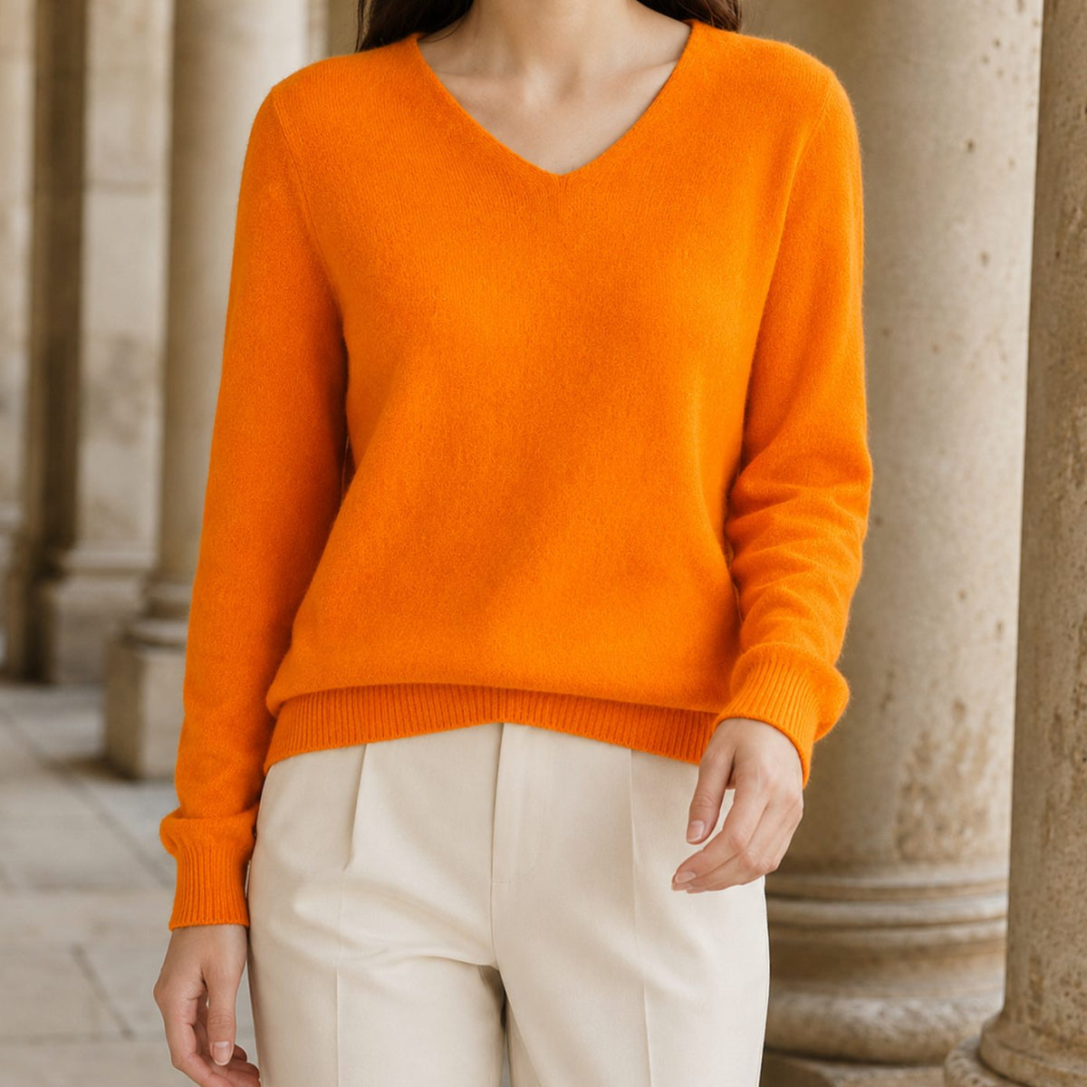 Women's Knitwear Fine Wool V-Neck Relaxed Pullover Jumper - Orange