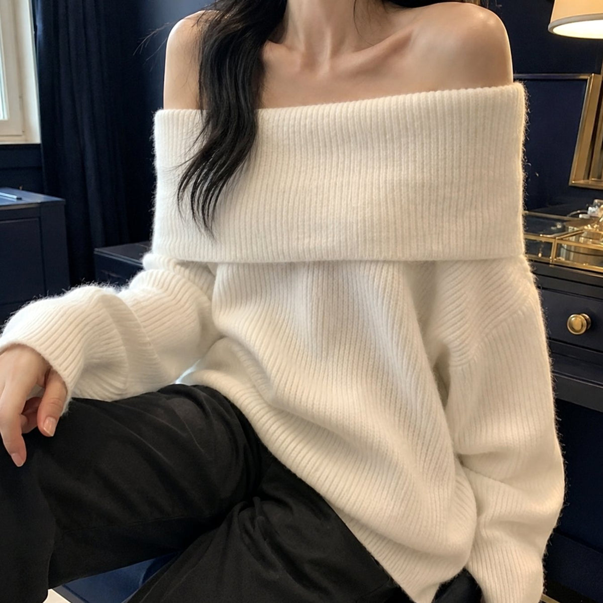 Women's Knitwear Off-Shoulder Foldover Oversized Pullover Jumper - White