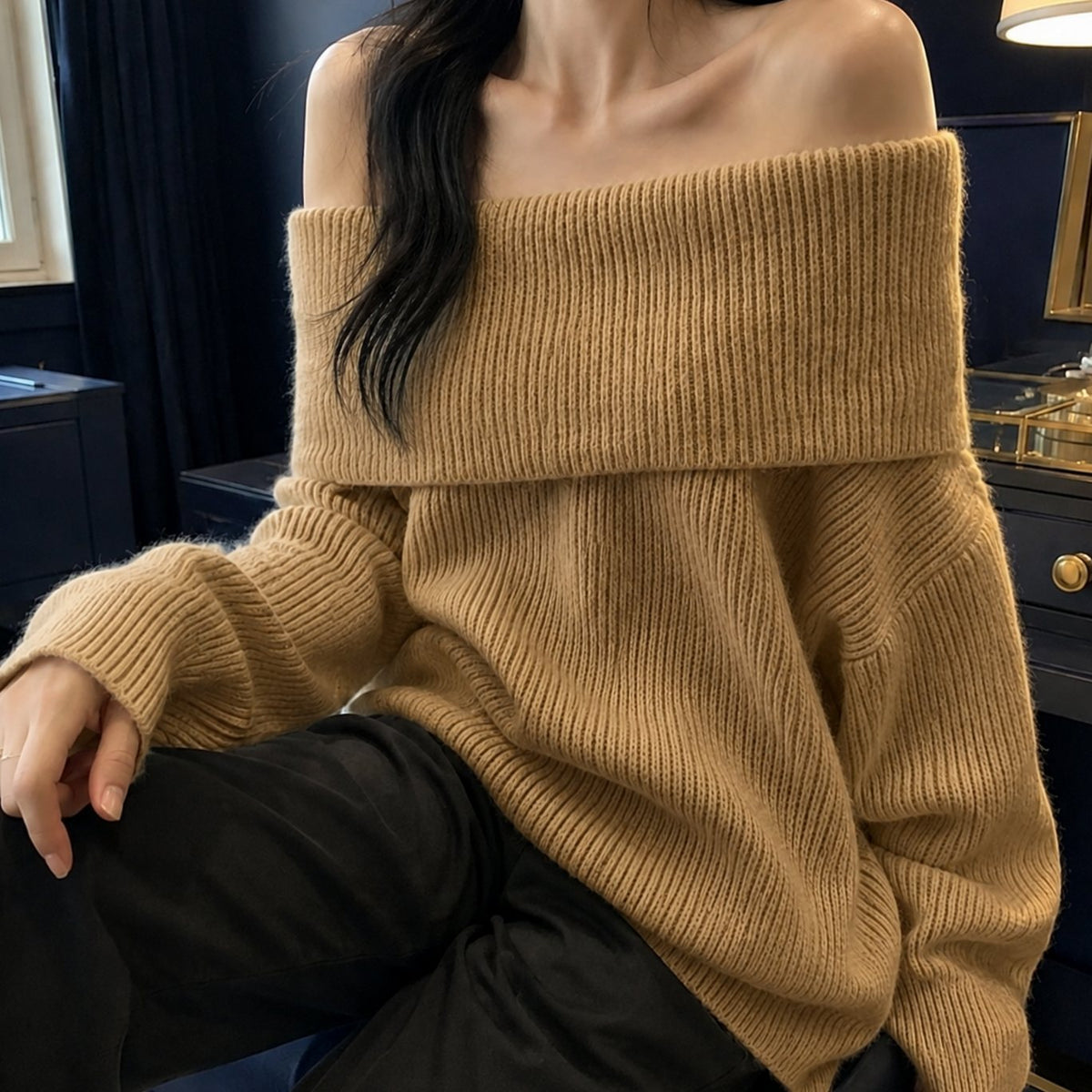 Women's Knitwear Off-Shoulder Foldover Oversized Pullover Jumper - Khaki
