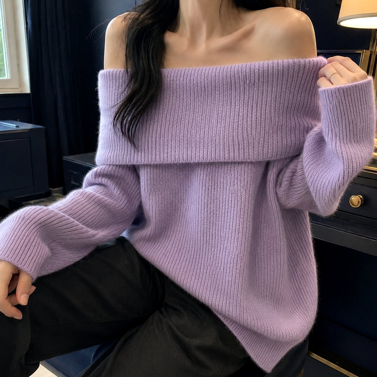 Women's Knitwear Off-Shoulder Foldover Oversized Pullover Jumper - Purple