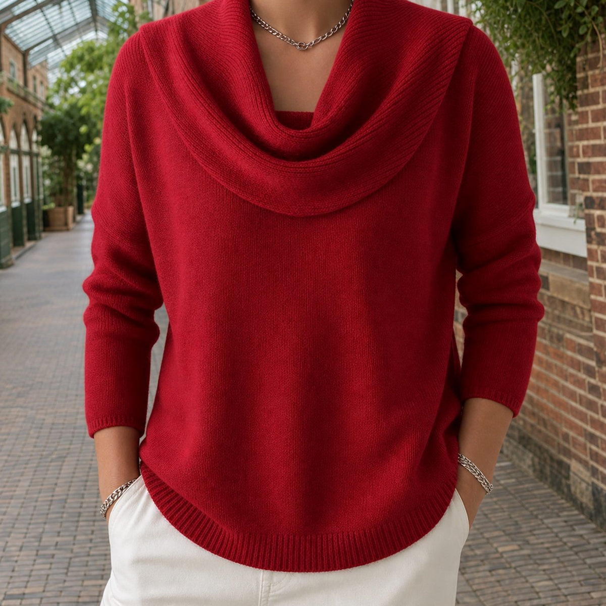 Women's Knitwear Relaxed Cowl Neck Dropped-Shoulder Jumper - Red