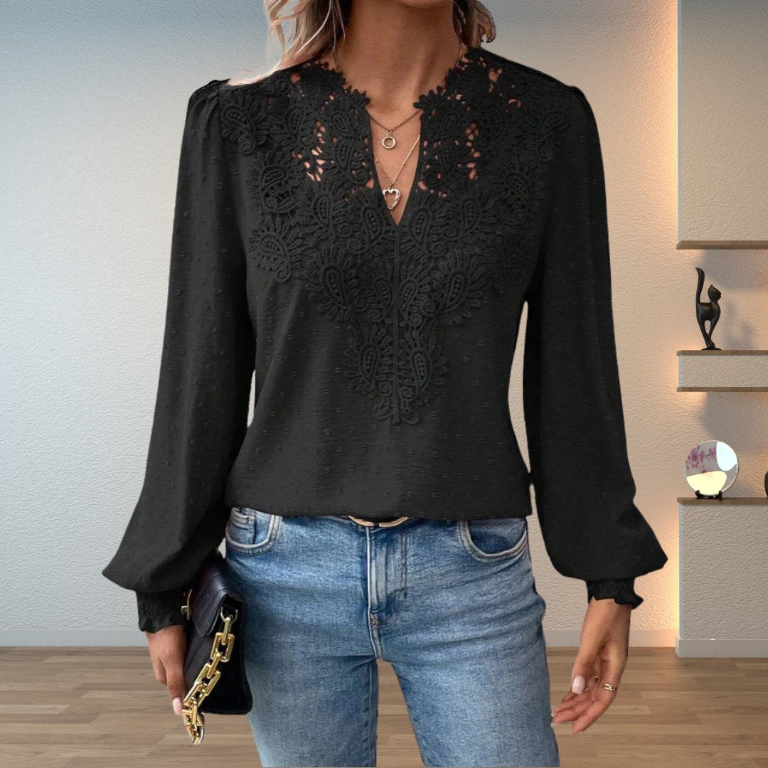 Women's Lace Detail Blouse Long Sleeve V-Neck - Black