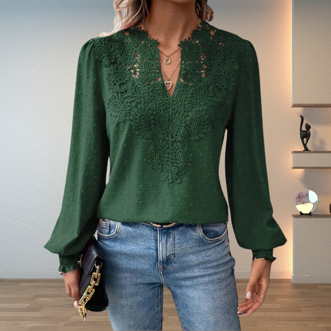 Women's Lace Detail Blouse Long Sleeve V-Neck - Dark Green