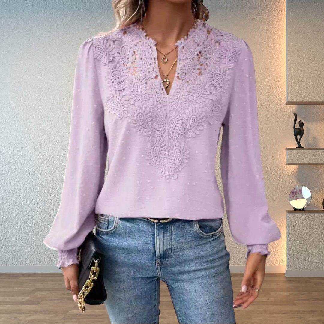 Women's Lace Detail Blouse Long Sleeve V-Neck - Light Purple