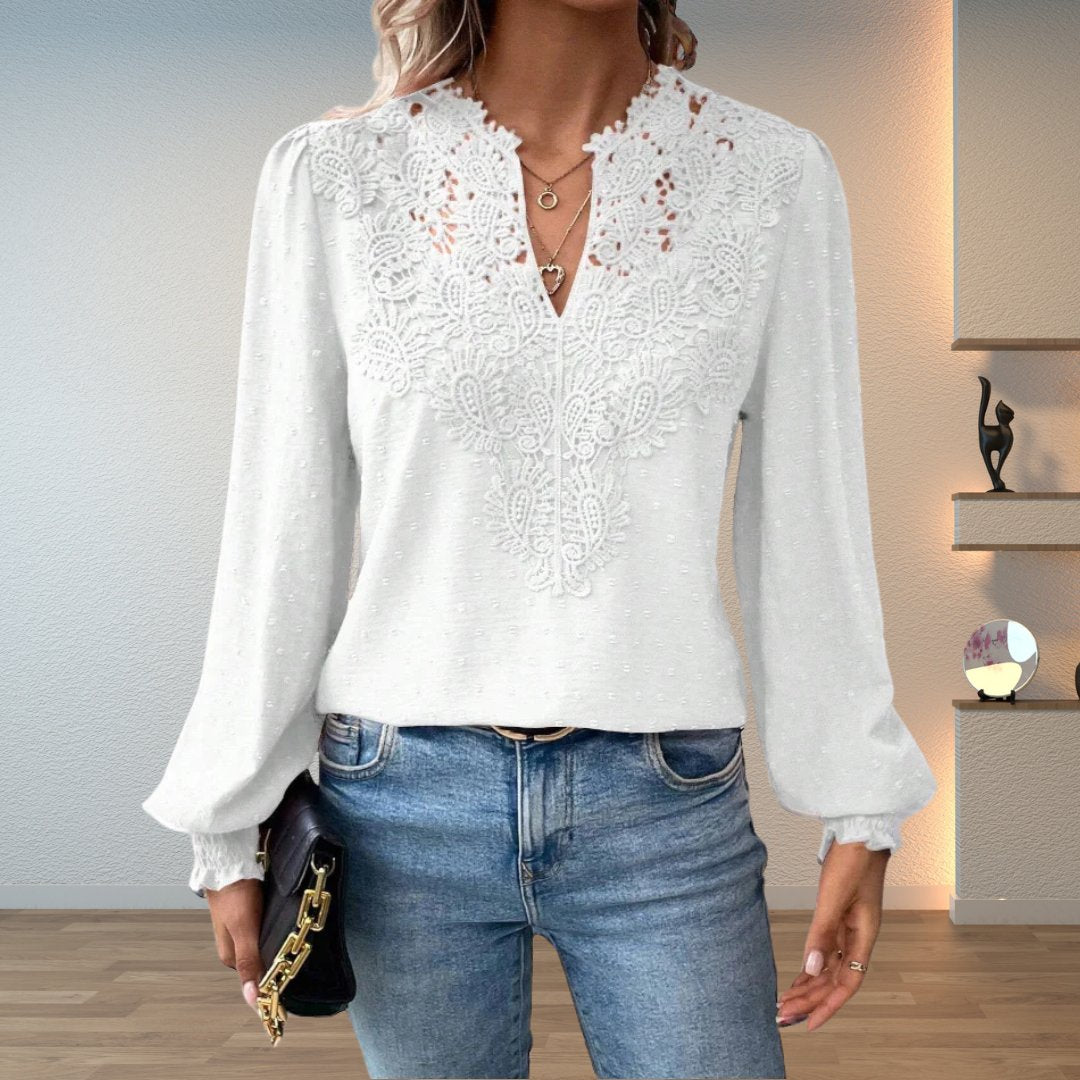 Women's Lace Detail Blouse Long Sleeve V-Neck - White