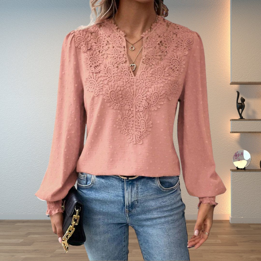 Women's Lace Detail Blouse Long Sleeve V-Neck - Pink