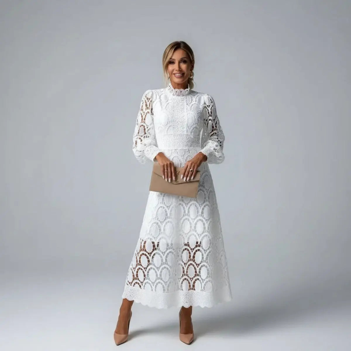 Women's Lace Midi Long Sleeve Dress High Mock Neck A-Line - White