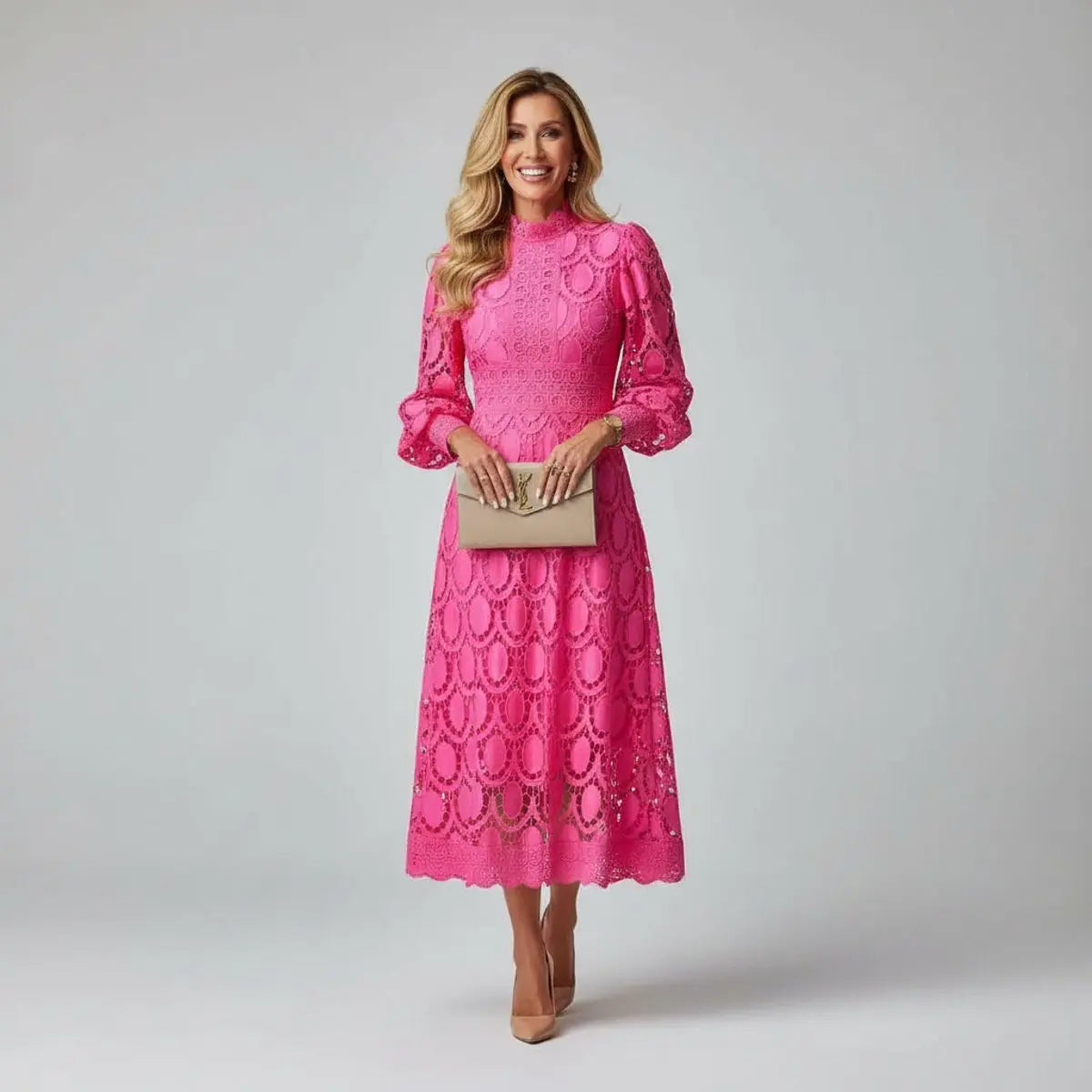 Women's Lace Midi Long Sleeve Dress High Mock Neck A-Line - Pink
