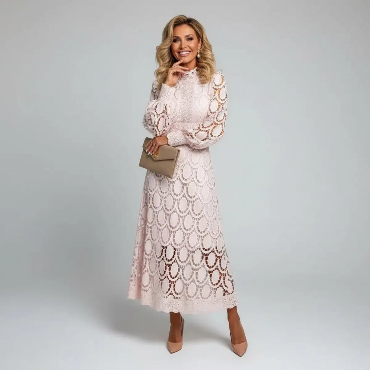 Women's Lace Midi Long Sleeve Dress High Mock Neck A-Line - Light Pink
