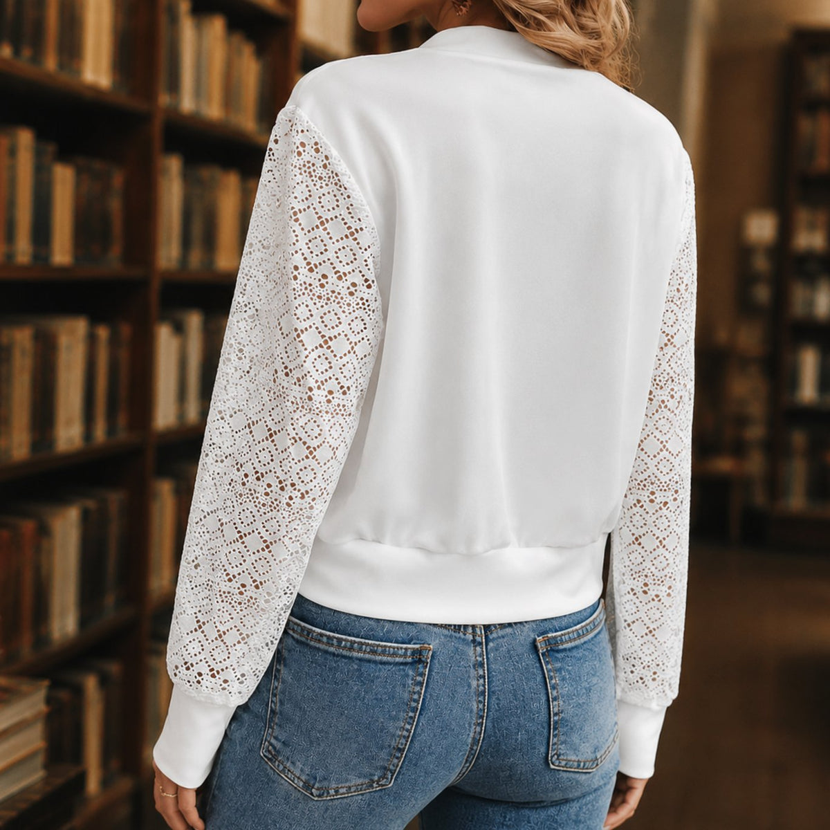 Women's Lace-Sleeve Zip-Up Cropped Bomber Jacket