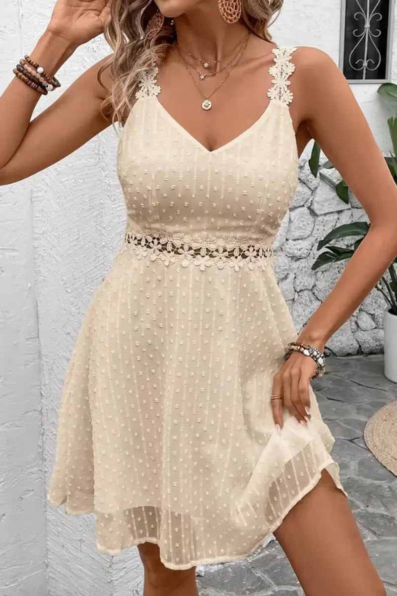 Women's Lace-Trim Swiss Dot Floral Strap Cocktail Dress - Apricot