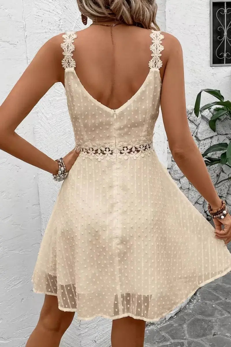 Women's Lace-Trim Swiss Dot Floral Strap Cocktail Dress