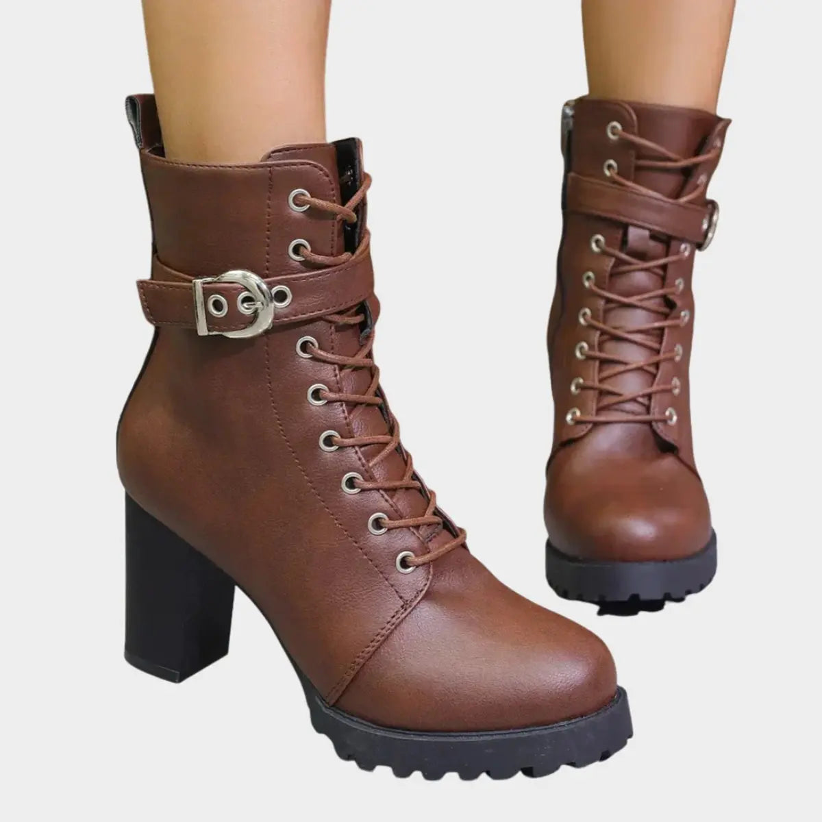 Women's Lace-Up Block Heel Buckle Strap Ankle Boots - Brown
