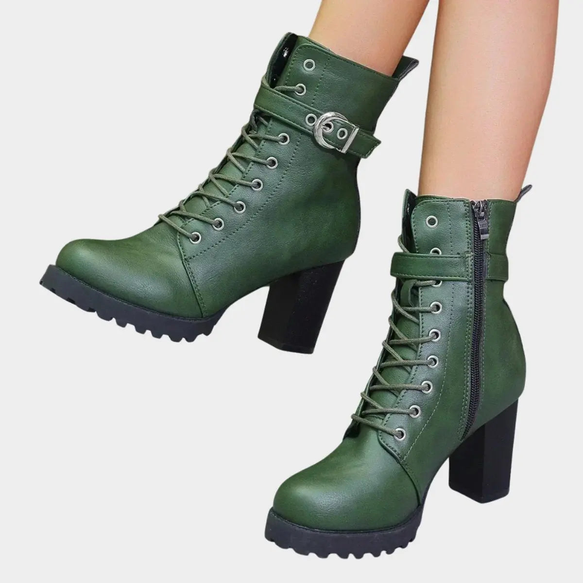 Women's Lace-Up Block Heel Buckle Strap Ankle Boots - Green