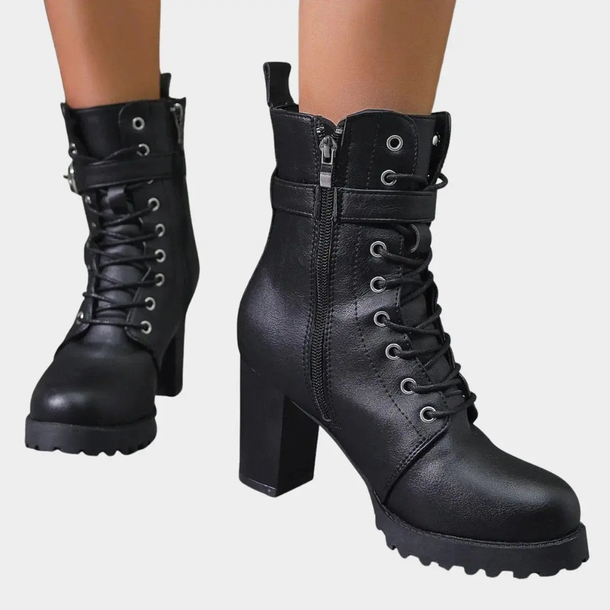 Women's Lace-Up Block Heel Buckle Strap Ankle Boots - Black