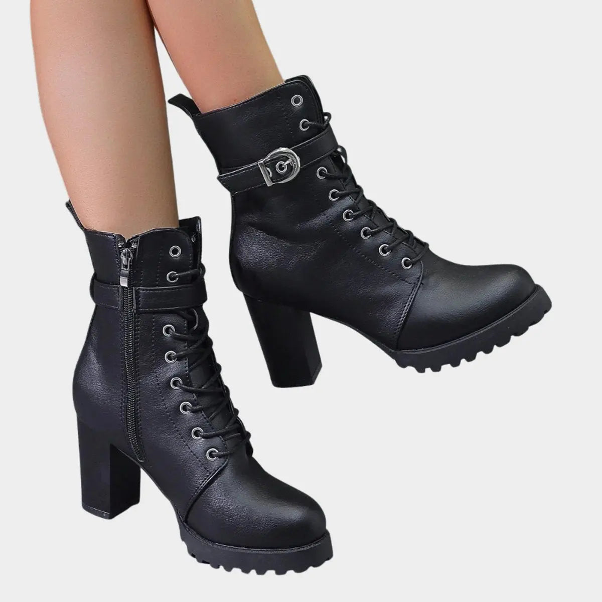 Women's Lace-Up Block Heel Buckle Strap Ankle Boots