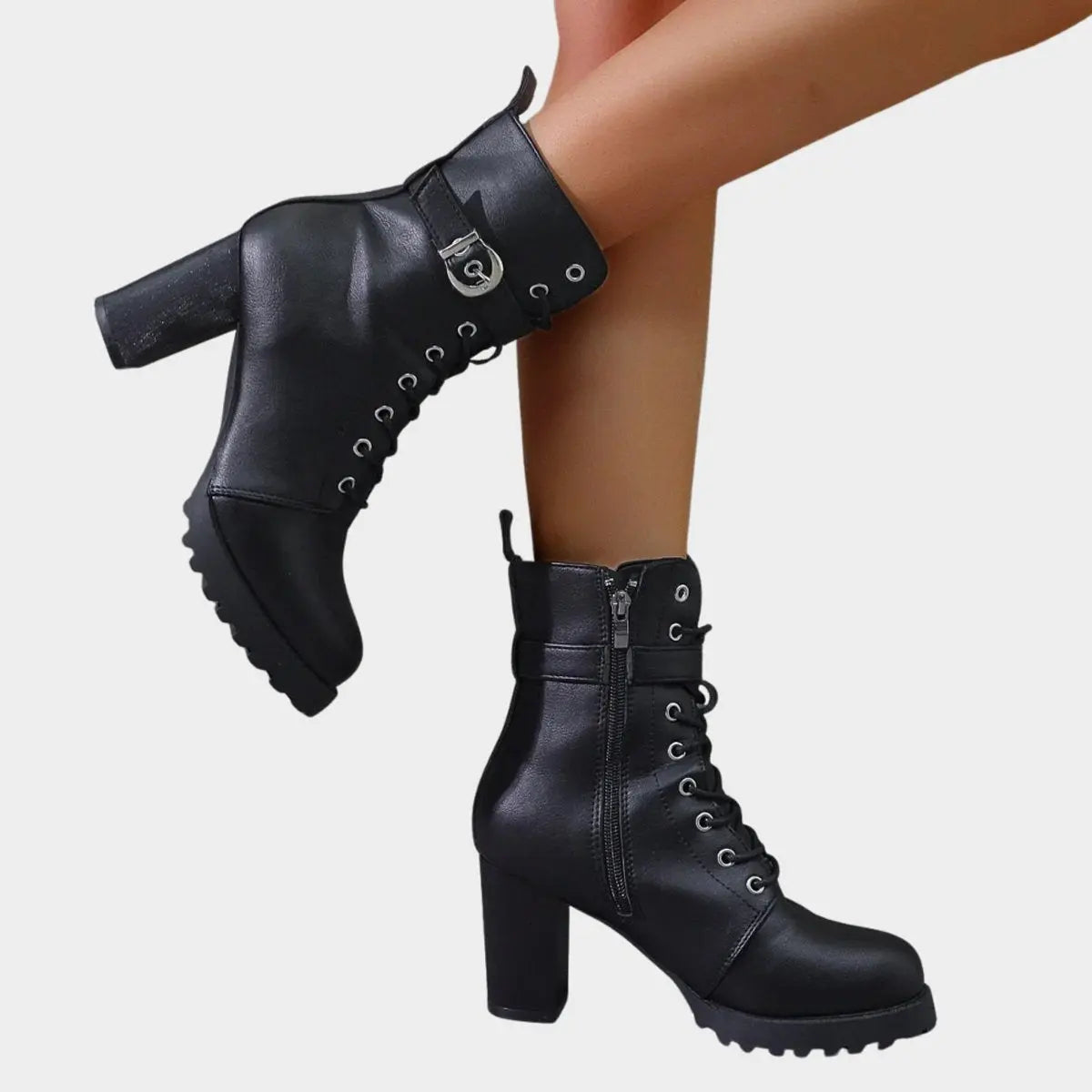 Women's Lace-Up Block Heel Buckle Strap Ankle Boots