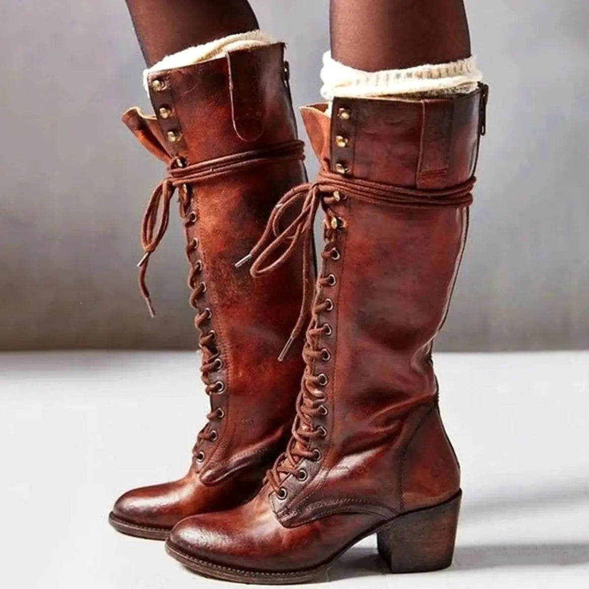 Women's Lace-Up Block Heel Knee-High Boots - Red Brown