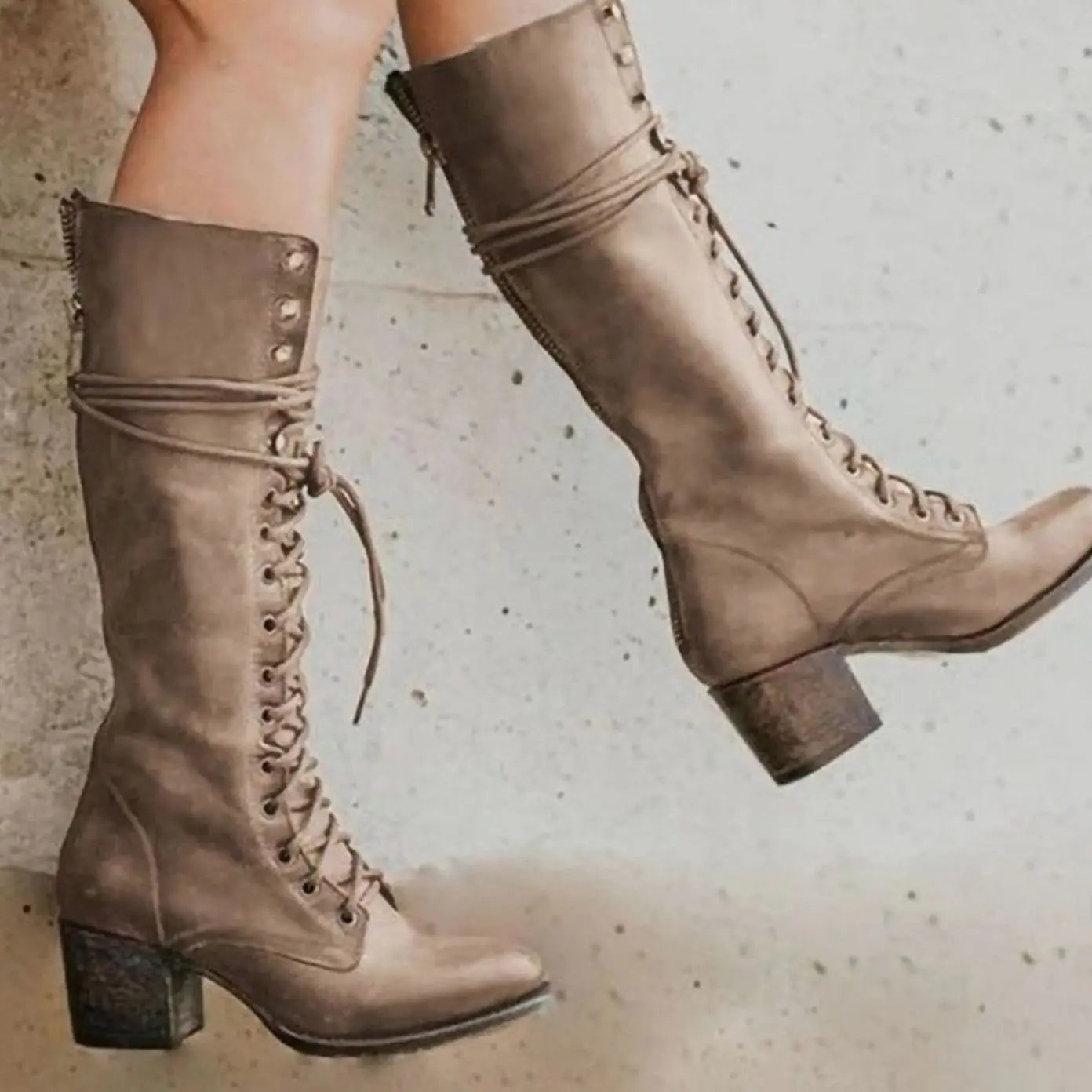 Women's Lace-Up Block Heel Knee-High Boots - Khaki