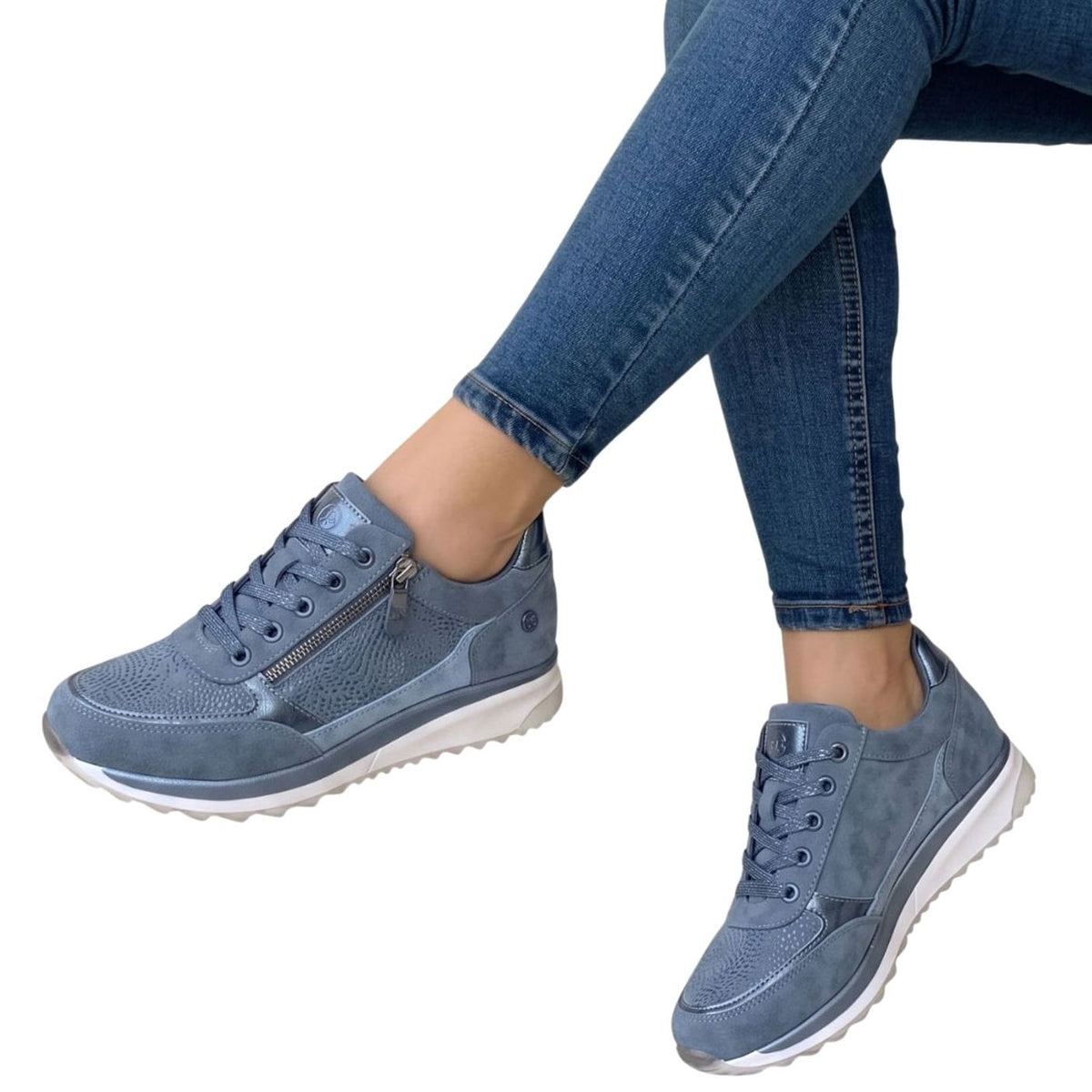 Women's Lace-Up Comfort Trainers with Side Zip Platform Sole - Blue