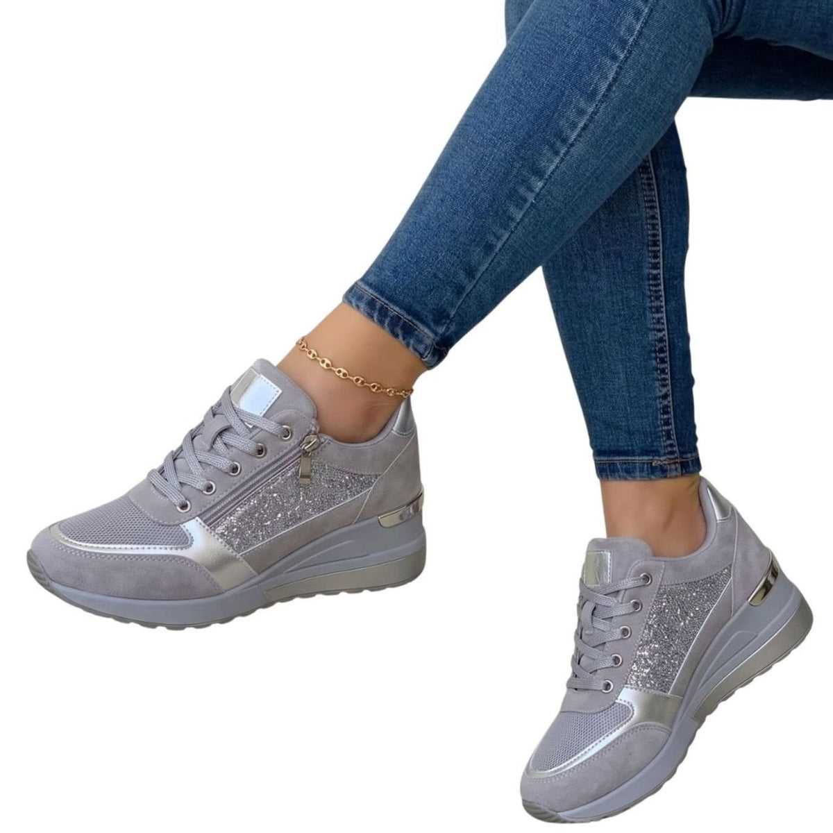 Women's Lace-Up Comfort Trainers with Side Zip Platform Sole - Grey