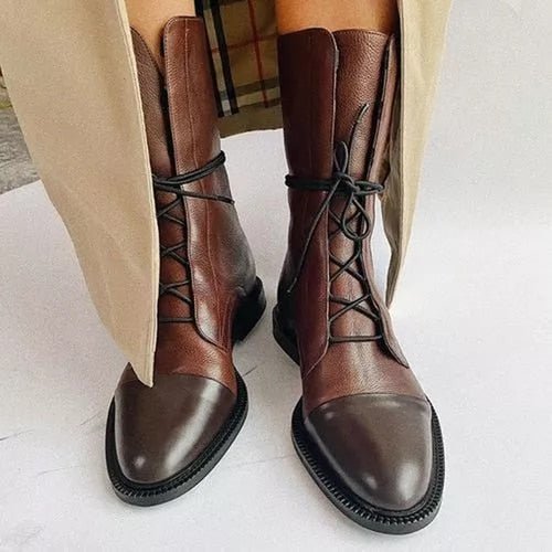 Women's Lace-Up Leather Ankle Boots - Brown