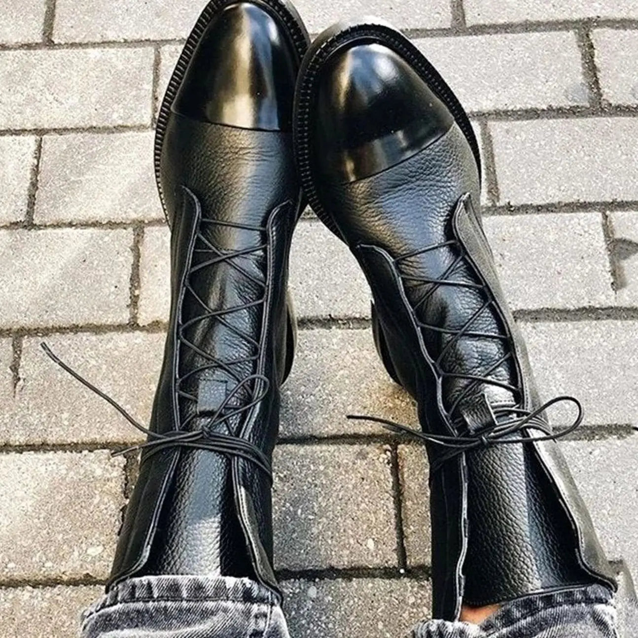 Women's Lace-Up Leather Ankle Boots Cap Toe Flat