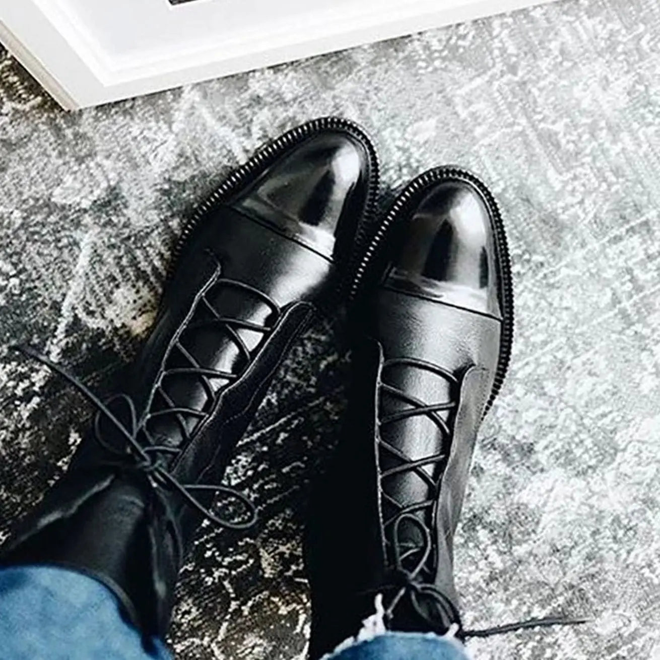 Women's Lace-Up Leather Ankle Boots Cap Toe Flat